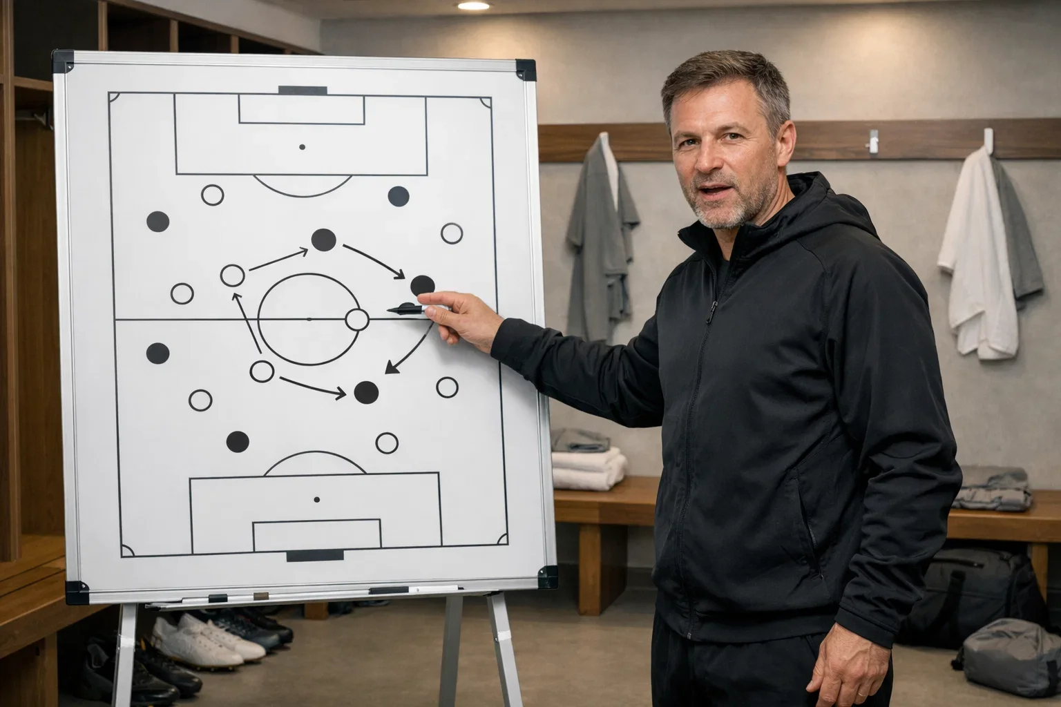 Entrenador de fútbol revisando tácticas en pizarra de vestuario profesional