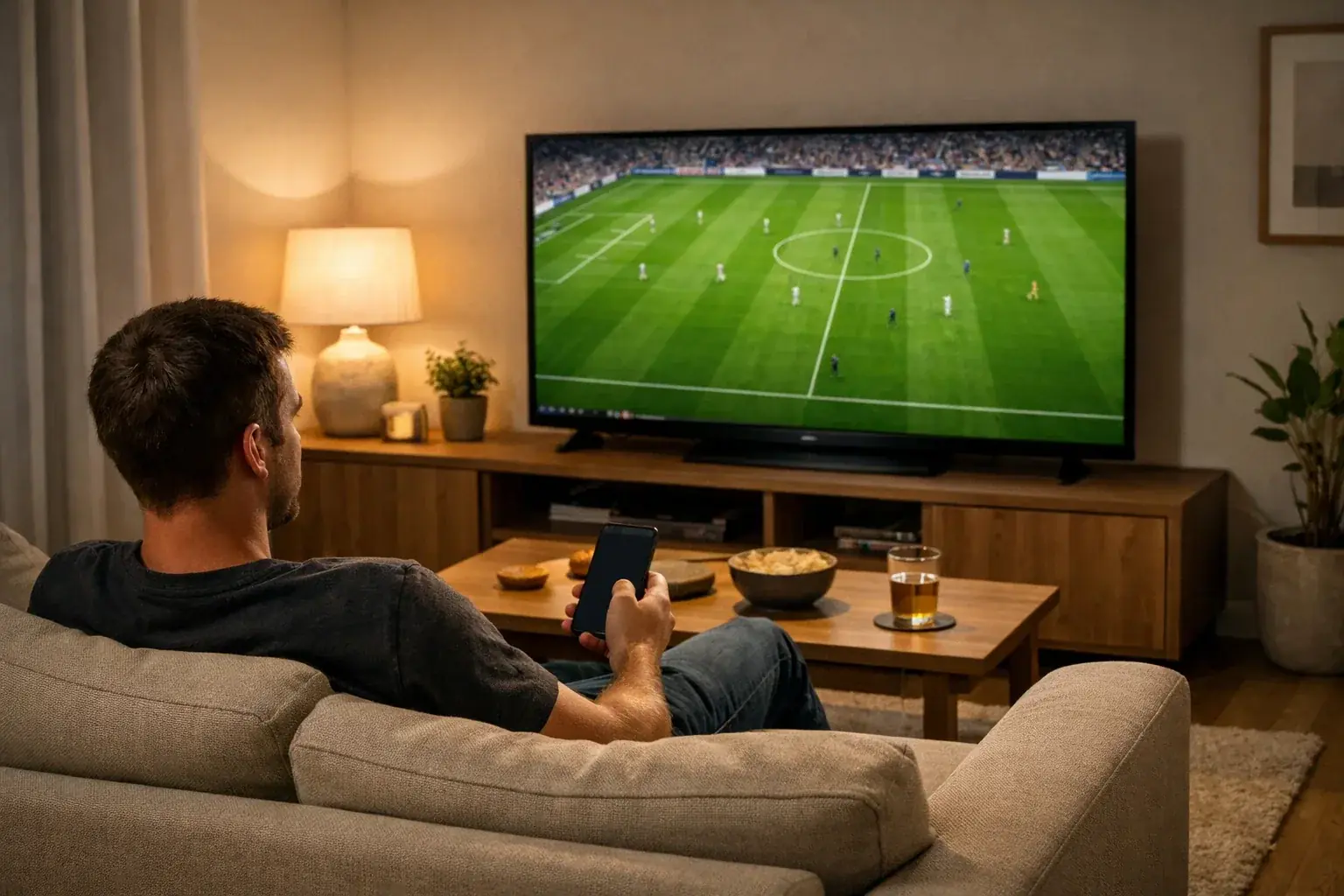 Persona viendo partido de fútbol en televisión desde sofá de casa