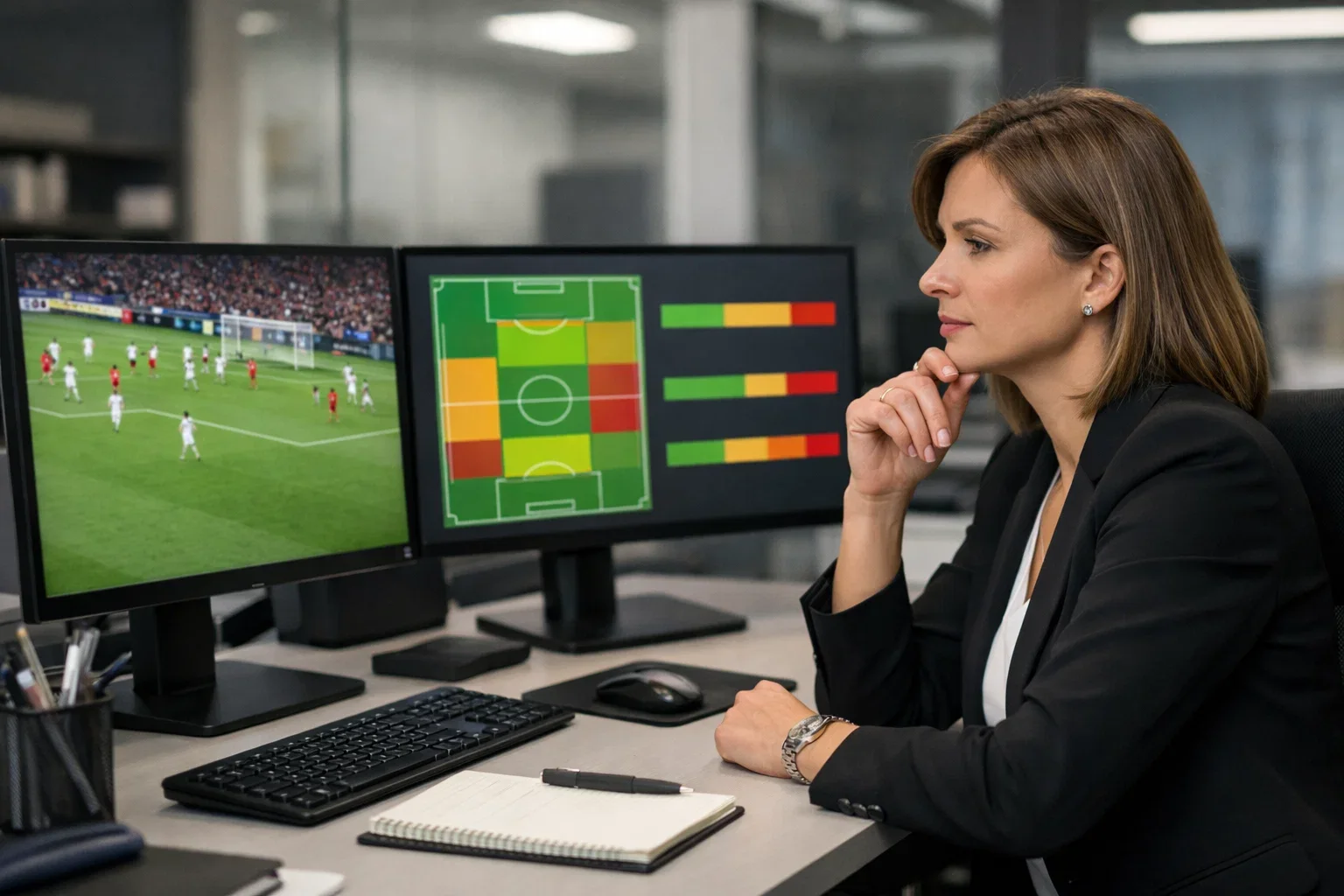 Analista deportivo estudiando datos de probabilidades en oficina moderna